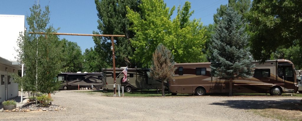 A brown rv parked in the grass near trees.